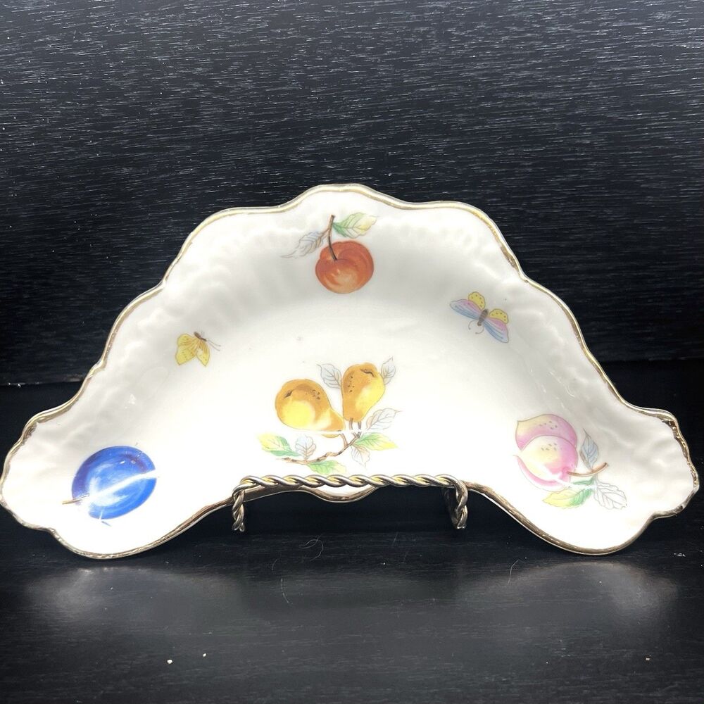 Andrea by Sadek Porcelain Relish Dish- Fruit Design Gold Tone Trim 8”x4”  #7089